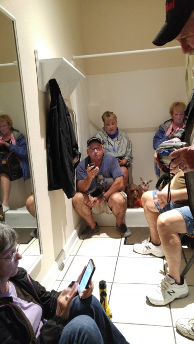 Campers and Their Dogs Waiting Out the Storm in the Shower Room! Warm, Humid Nervous Energy. 